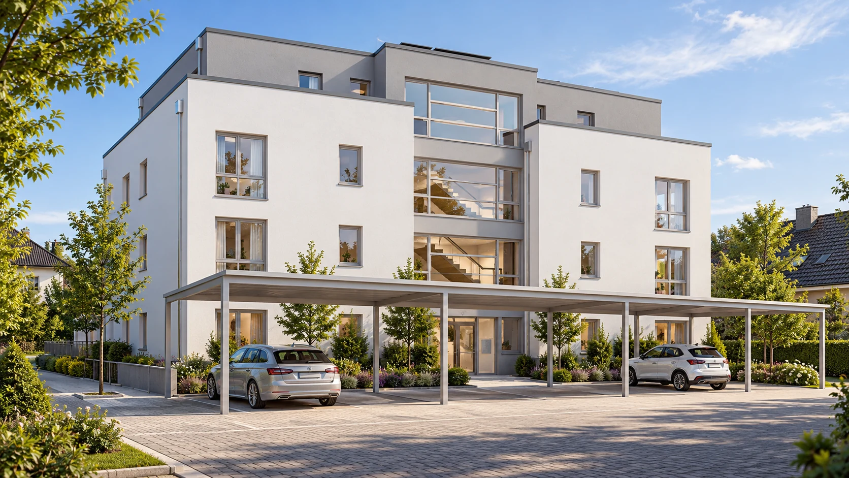 Visualisierung des Neubaus mit Hauseingang und Carports