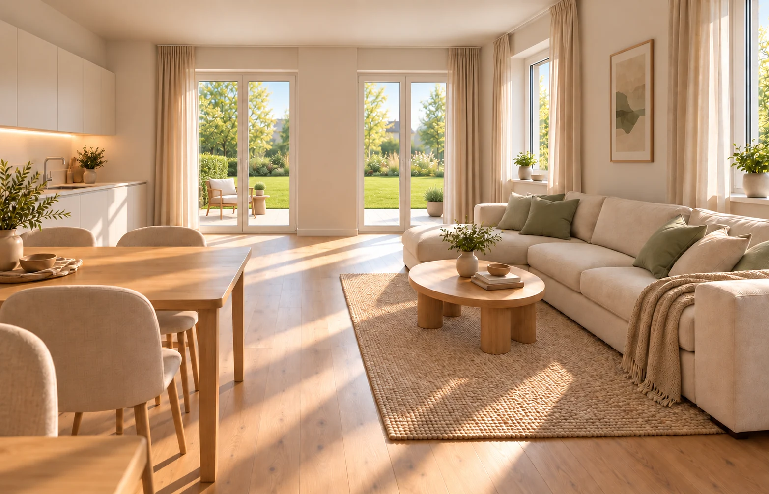Wohnvisualisierung mit heller Sitzecke, Essbereich und Zugang zur Terrasse
